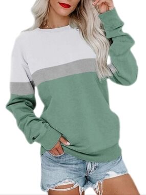 Colorblock Crewneck Sweatshirt in Mint Green White & Grey With Pockets M
